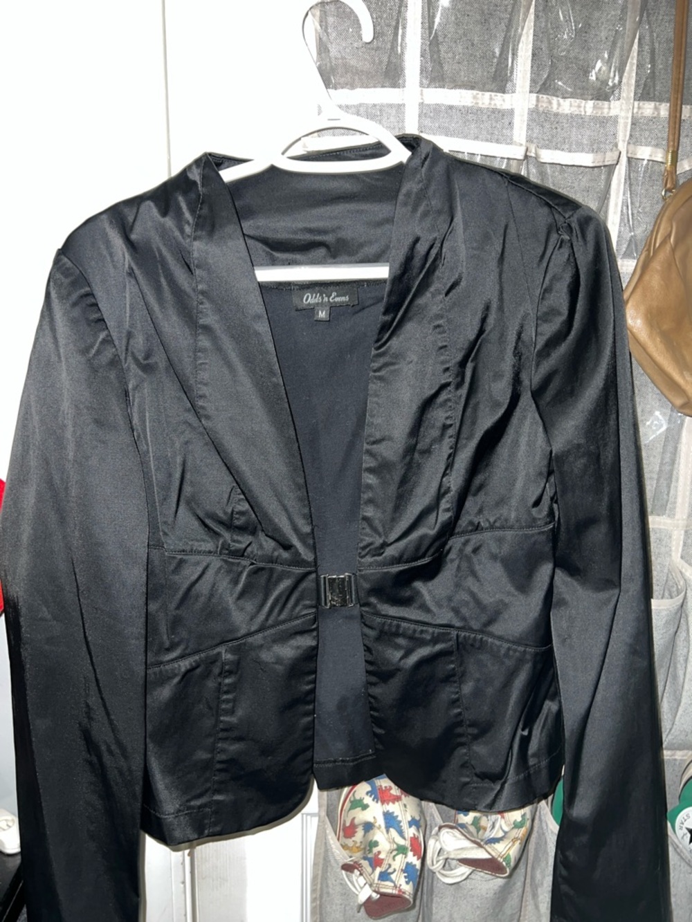 90’s Vintage - Women's Black Satin Open-Front Blazer